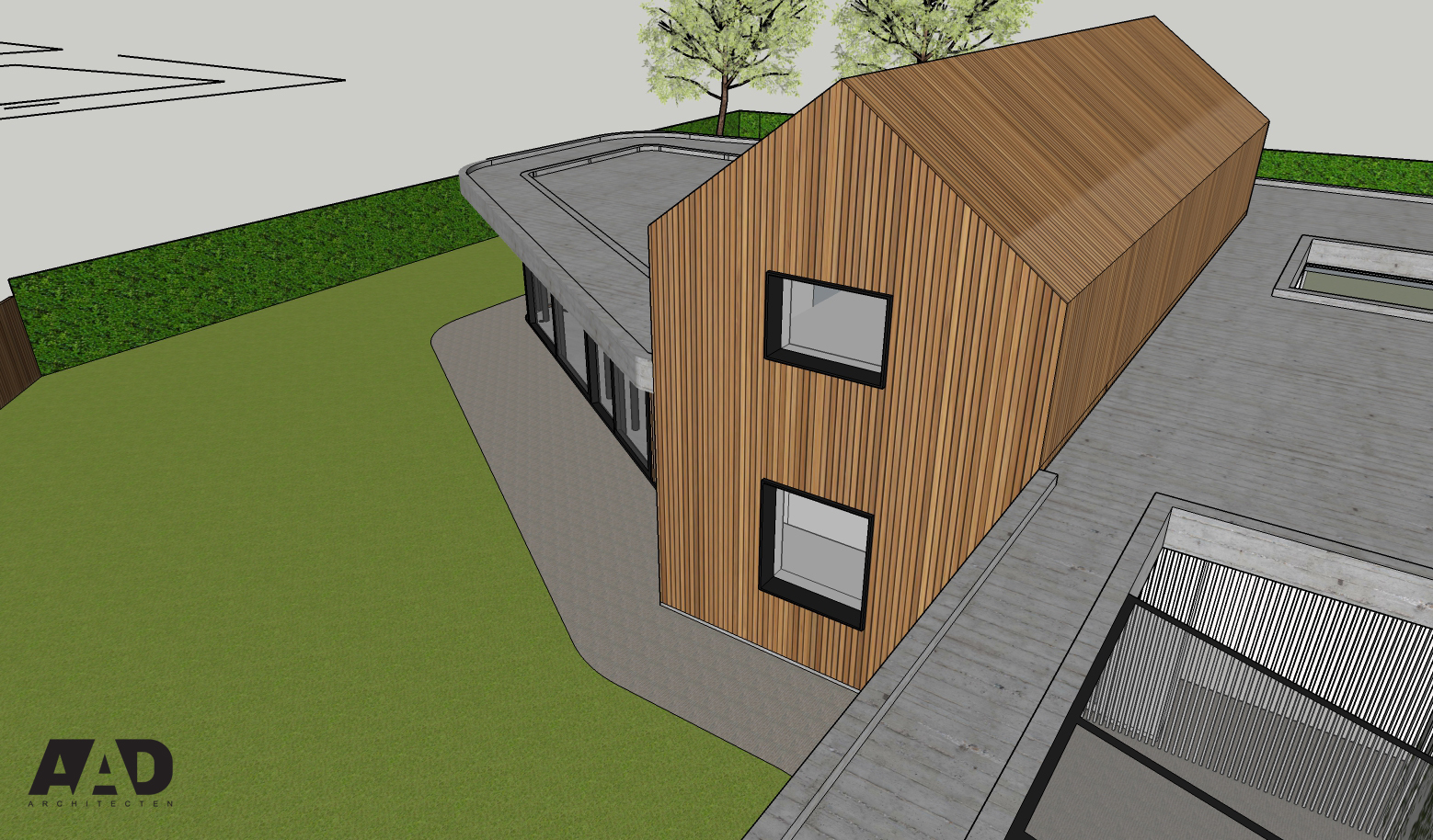 3D visuatisatie Brutalist architecture houten gevelbekleding en beton
patio