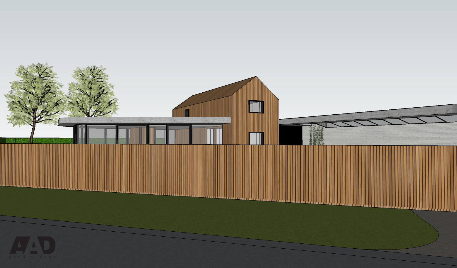 3D visualisatie brutalist architecture houten gevelbekleding