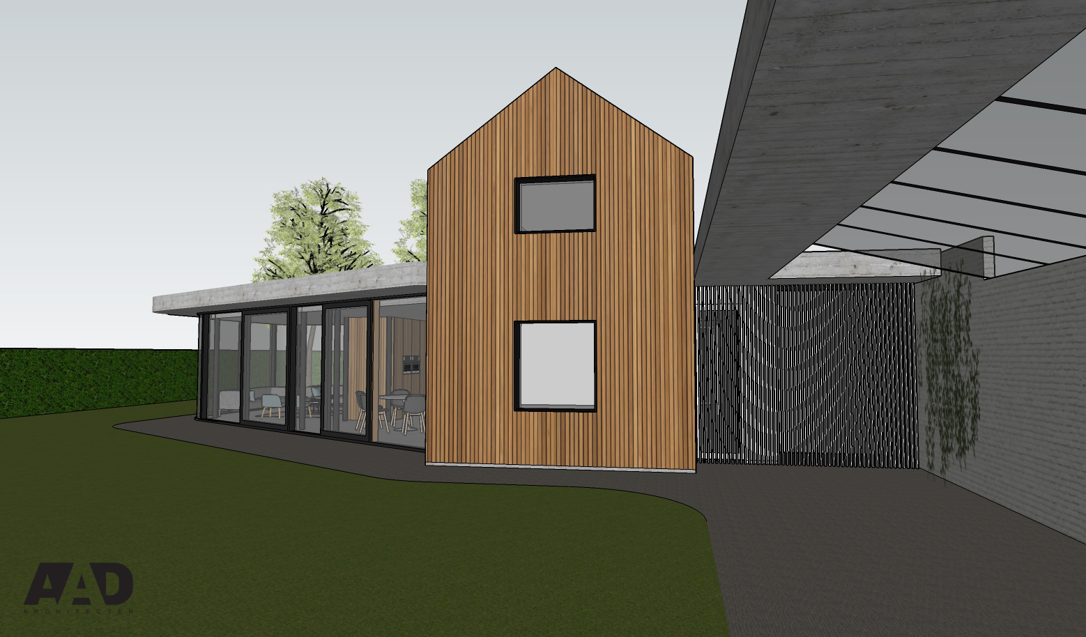 3D visualisatie brutalist architecture houten gevelbekleding