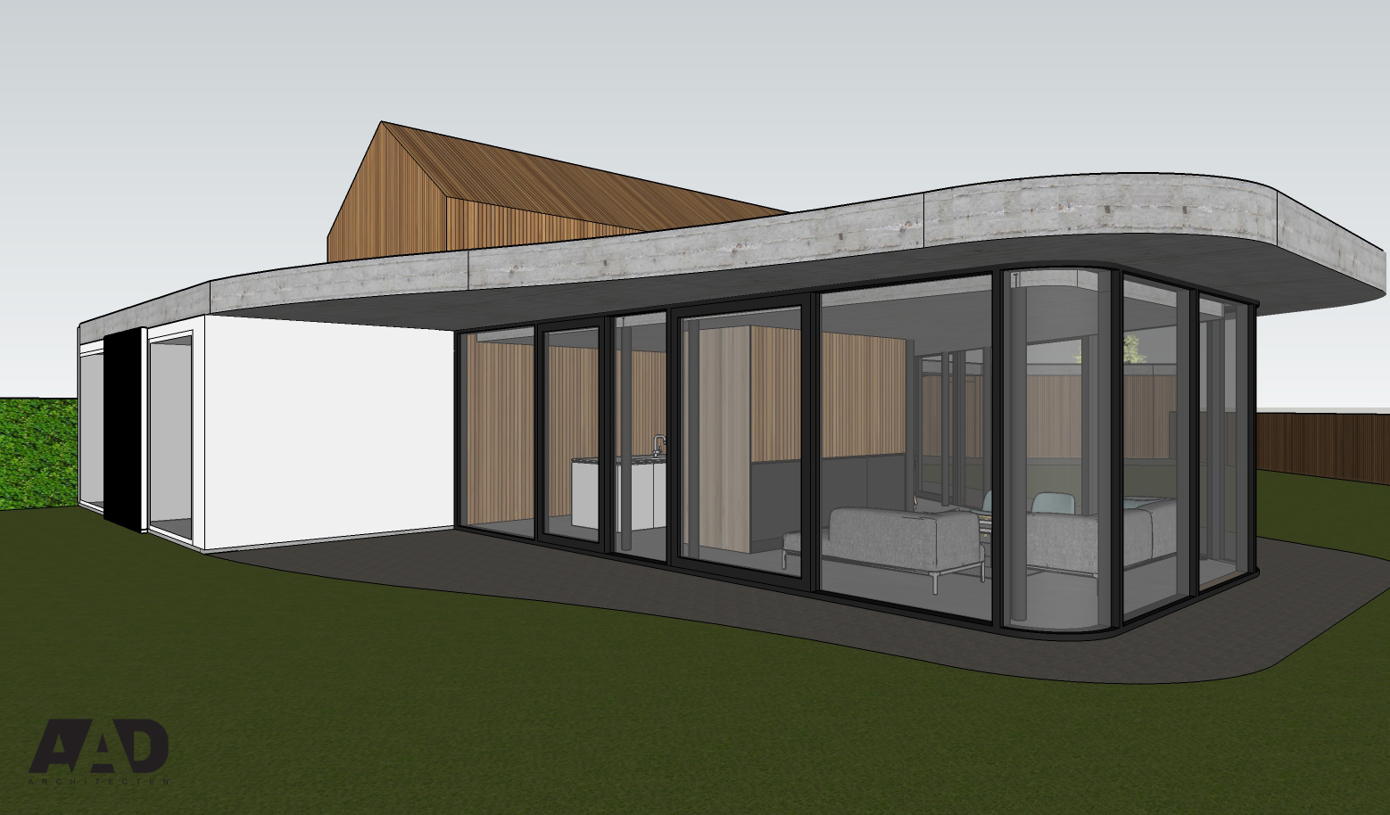 3D visualisatie brutalist architecture houten gevelbekleding