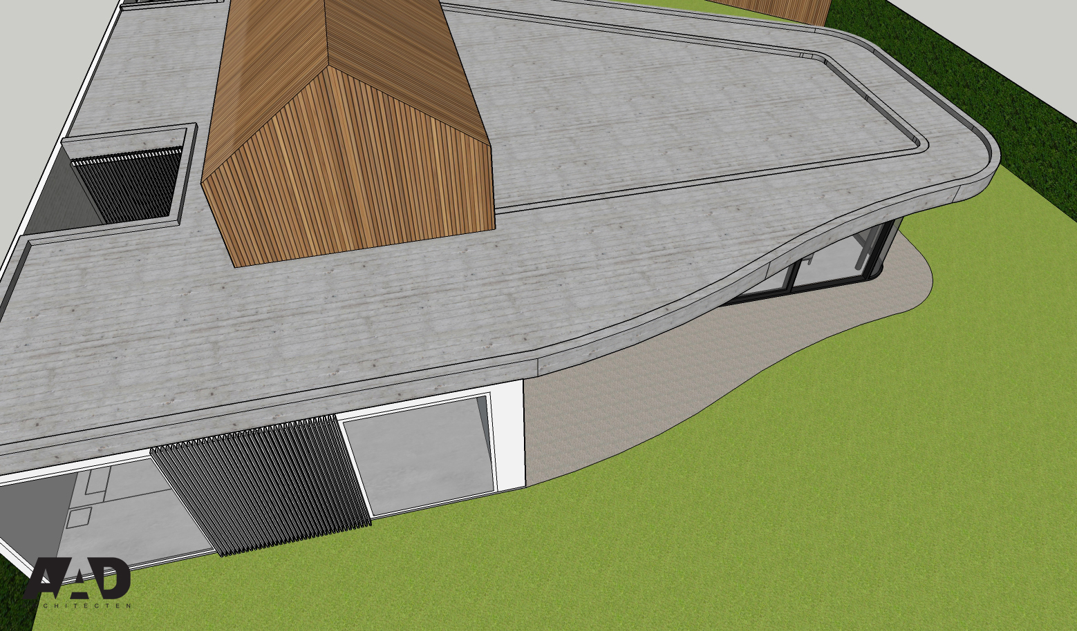 3D visuatisatie Brutalist architecture houten gevelbekleding en beton
patio